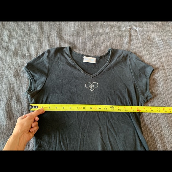 Vintage Y2K Black Tee Top T-shirt Embelished Heart - Picture 10 of 11